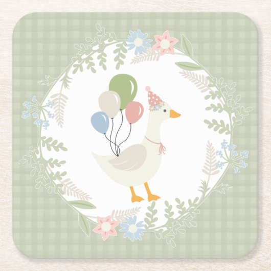 Groene Gekke Goose Floral Gingham Paper Kartonnen Onderzetters (Voorkant)
