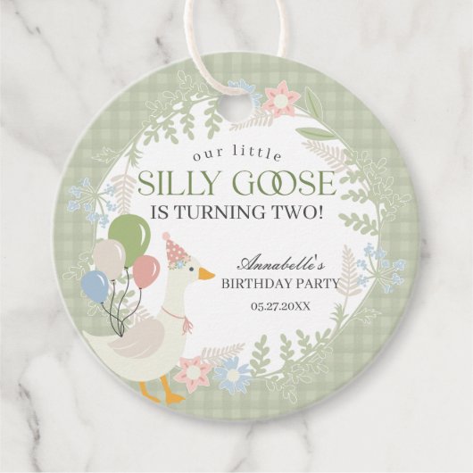 Groene Gekke Goose Floral Gingham Verjaardagsfeest Bedankjes Labels (Voorkant)