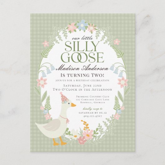 Groene Gekke Goose Floral Gingham Verjaardagsfeest Briefkaart (Voorkant)
