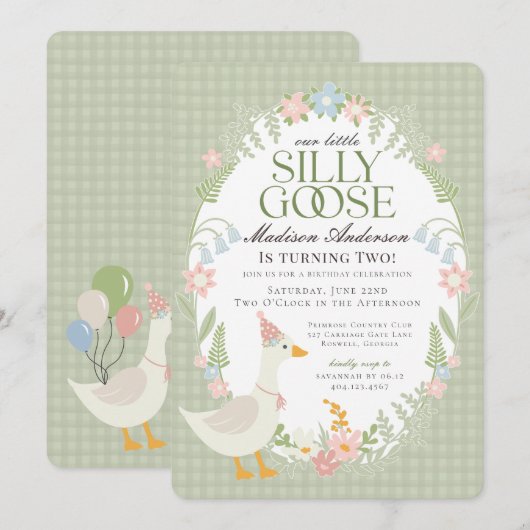 Groene Gekke Goose Floral Gingham Verjaardagsfeest Kaart (Voorkant / Achterkant)