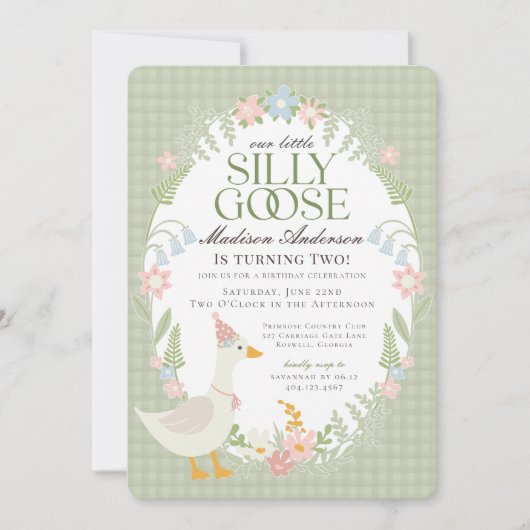 Groene Gekke Goose Floral Gingham Verjaardagsfeest Kaart (Voorkant)