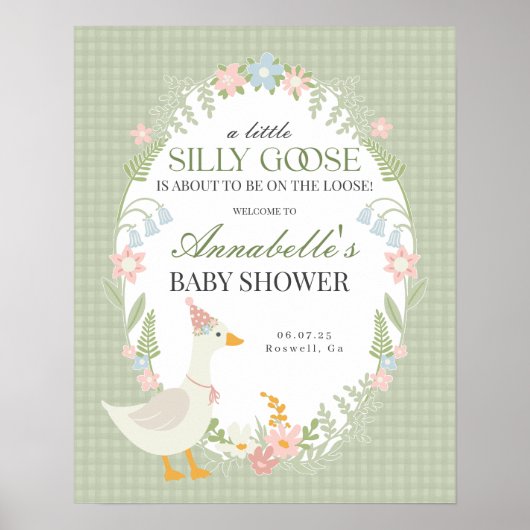 Groene Gekke Goose Gingham Baby shower Welkomstbor Poster (Voorkant)