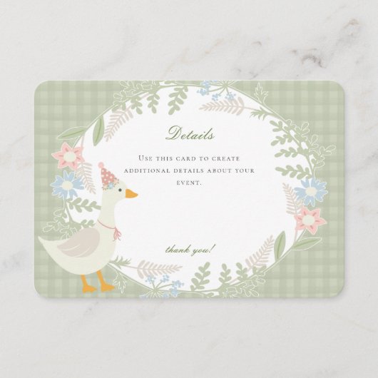 Groene Gekke Goose Gingham Floral Details Informatiekaartje (Voorkant)