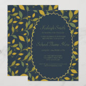 Groene gele bladeren op Navy Blue Trunk Party Kaart (Voorkant / Achterkant)