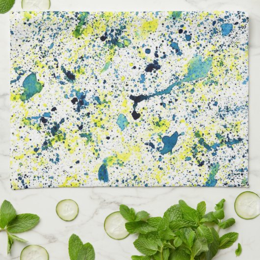 Groene, Gele, en Blauwe Abstracte Waterverf Theedoek (Gevouwen)