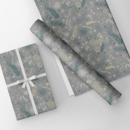 Groene, gele en witte bloemendoodles in grijs. inpakpapier vel