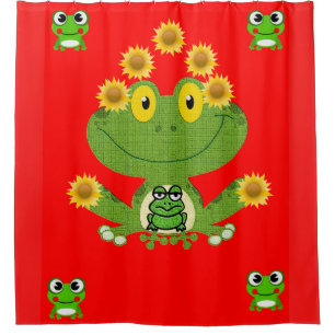 Groene gele kikker met rood douchegordijn