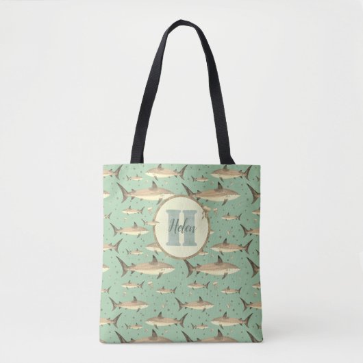Groene & Gele Naam + Waterverf Monogram Haai Tote Bag (Voorkant)