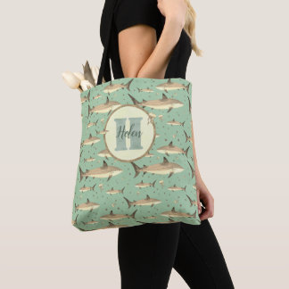 Groene & Gele Naam + Waterverf Monogram Haai Tote Bag