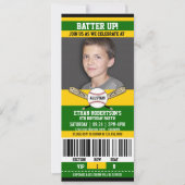 Groene|Gele Ticket Style Baseball Birthday Party Kaart (Voorkant)