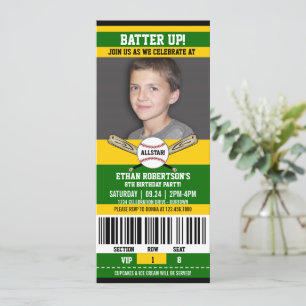 Groene Gele Ticket Style Baseball Birthday Party Kaart
