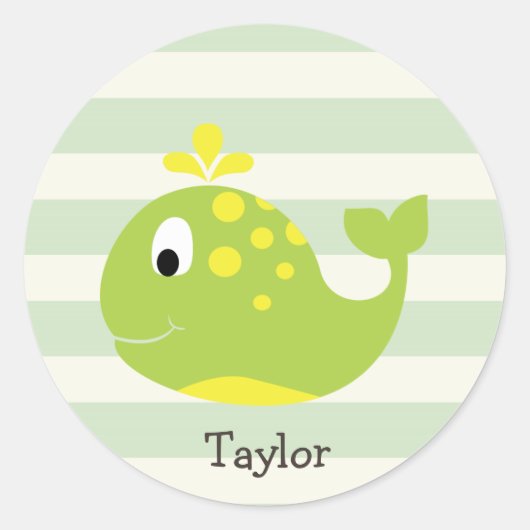 Groene & Gele Walvis op Pastel Groene Strepen Ronde Sticker (Voorkant)