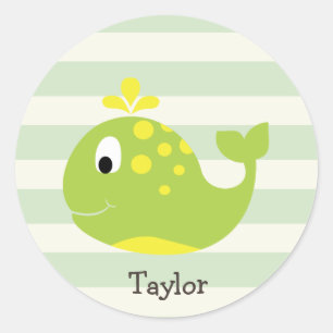 Groene & Gele Walvis op Pastel Groene Strepen Ronde Sticker