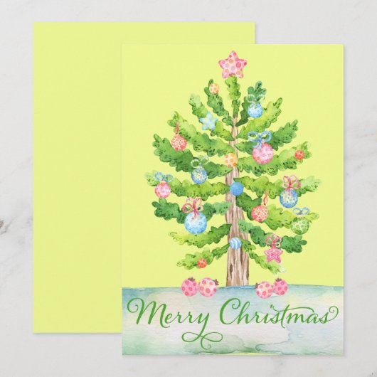 Groene Gele Waterverf Vroegere kerstboom Feestdagenkaart (Voorkant / Achterkant)