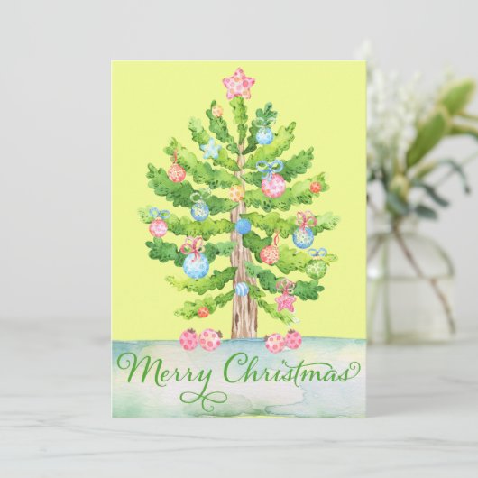 Groene Gele Waterverf Vroegere kerstboom Feestdagenkaart (Staand voorkant)