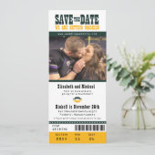 Groene Gele Weddenschap Sparen de Ticket van het F Save The Date (Staand voorkant)