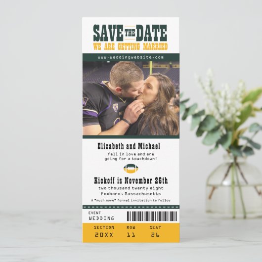 Groene Gele Weddenschap Sparen de Ticket van het F Save The Date (Staand voorkant)