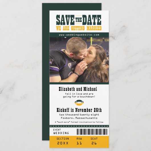 Groene Gele Weddenschap Sparen de Ticket van het F Save The Date (Voorkant / Achterkant)