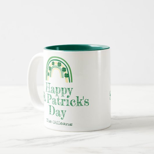 Groene gelukkige Shamrock hoefijzer St. Patrick's Tweekleurige Koffiemok (Voorkant links)