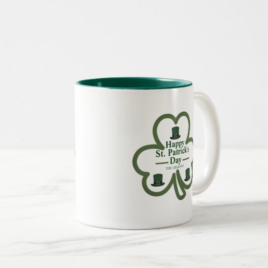 Groene gelukkige Shamrock Script St. Patrick's Day Tweekleurige Koffiemok (Voorkant rechts)