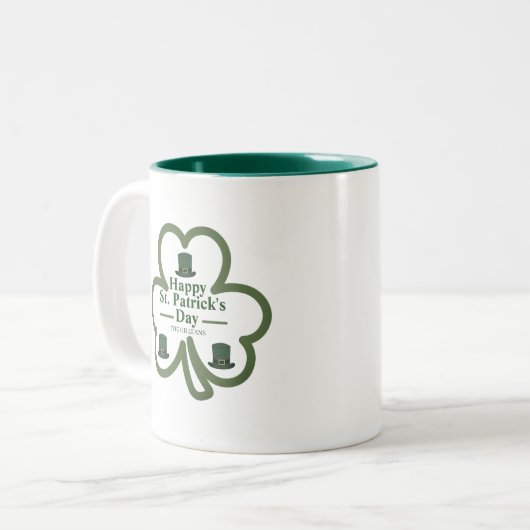Groene gelukkige Shamrock Script St. Patrick's Day Tweekleurige Koffiemok (Voorkant links)