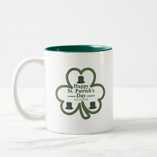 Groene gelukkige Shamrock Script St. Patrick's Day Tweekleurige Koffiemok (Links)