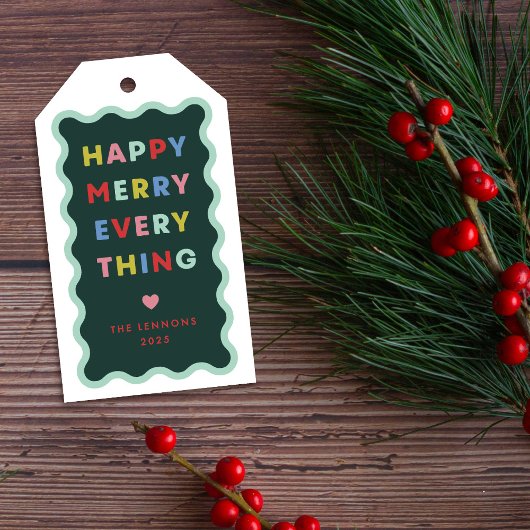 Groene Gelukkige Zalige Golvende Kerstcadeaubijsch Cadeaulabel