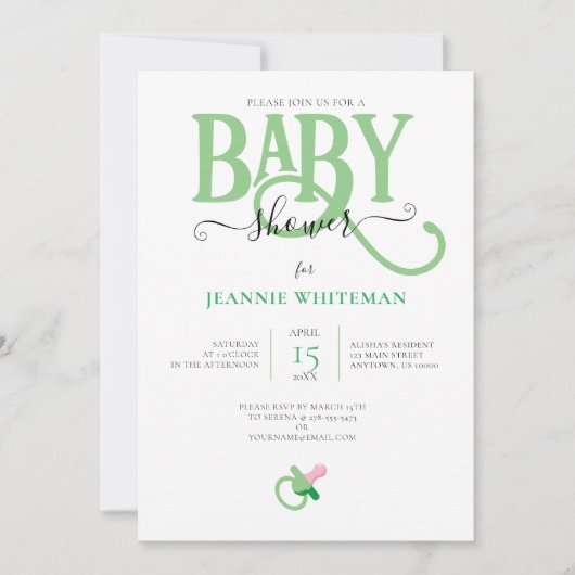 GROENE GENDERNEUTRALE BABY SHOWER MET PACIFIER KAART (Voorkant)
