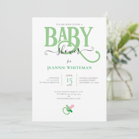 GROENE GENDERNEUTRALE BABY SHOWER MET PACIFIER KAART (Staand voorkant)