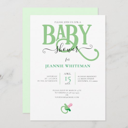 GROENE GENDERNEUTRALE BABY SHOWER MET PACIFIER KAART (Voorkant / Achterkant)