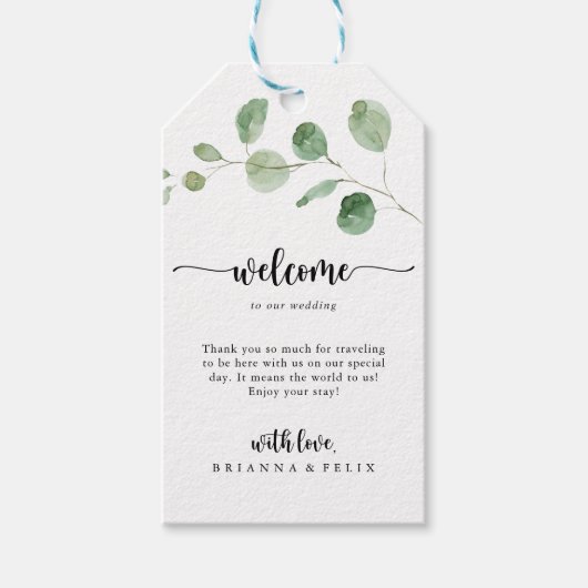 Groene genot eucalyptus bruiloft welkom cadeaulabel (Voorkant)