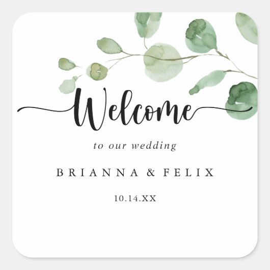 Groene genot eucalyptus bruiloft welkom vierkante sticker (Voorkant)