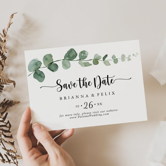 Groene genot Eucalyptus horizontale bruiloft Save The Date
