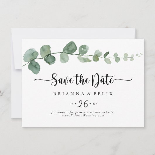 Groene genot Eucalyptus horizontale bruiloft Save The Date (Voorkant)