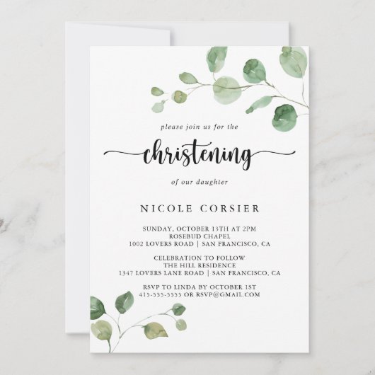 Groene genot Eucalyptus kalligrafie doopsel Kaart (Voorkant)