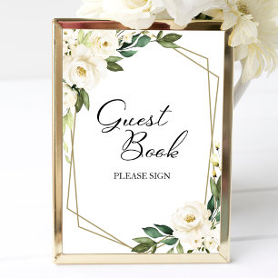 Groene geometrische witte bloemengastboekbord poster