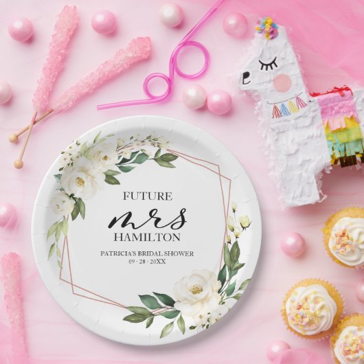 Groene geometrische witte bloemige bruidsdouche papieren bordje (Feest)