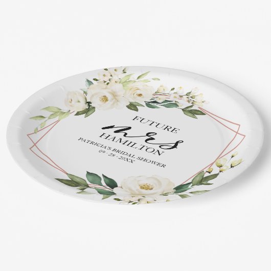 Groene geometrische witte bloemige bruidsdouche papieren bordje (Gekanteld)