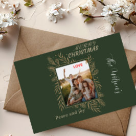 Groene gepersonaliseerde gezinsfoto naam feestdagenkaart