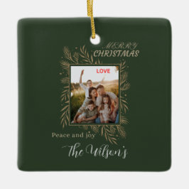 Groene gepersonaliseerde gezinsfoto naam keramisch ornament