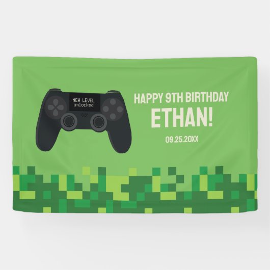 Groene Gepixelde Gamer Verjaardagsbanner Spandoek (Horizontaal)