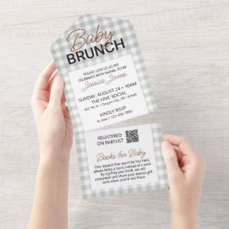 Groene geruite baby brunch uitnodiging met boekkaa