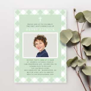 Groene geruite Eerste Communie jongensfoto Kaart