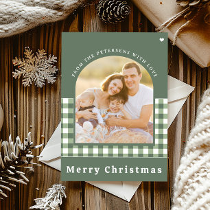 Groene geruite familiefoto Prettig kerstfeest Feestdagenkaart