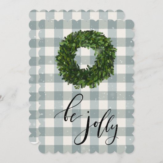 Groene geruite gingham kerst sneeuwkrans feestdagenkaart (Voorkant / Achterkant)