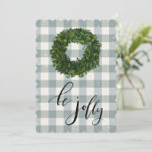 Groene geruite gingham kerstkrans met sneeuw feestdagenkaart (Staand voorkant)