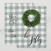 Groene geruite gingham kerstkrans met sneeuw feestdagenkaart (Voorkant / Achterkant)