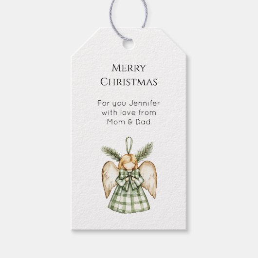 Groene geruite kerstengel van dennenboom cadeaulabel (Voorkant)