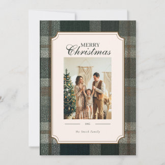 Groene geruite kerstkaart met twee foto's voor de