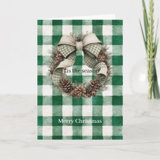 Groene geruite kerstkrans kaart (Voorkant)